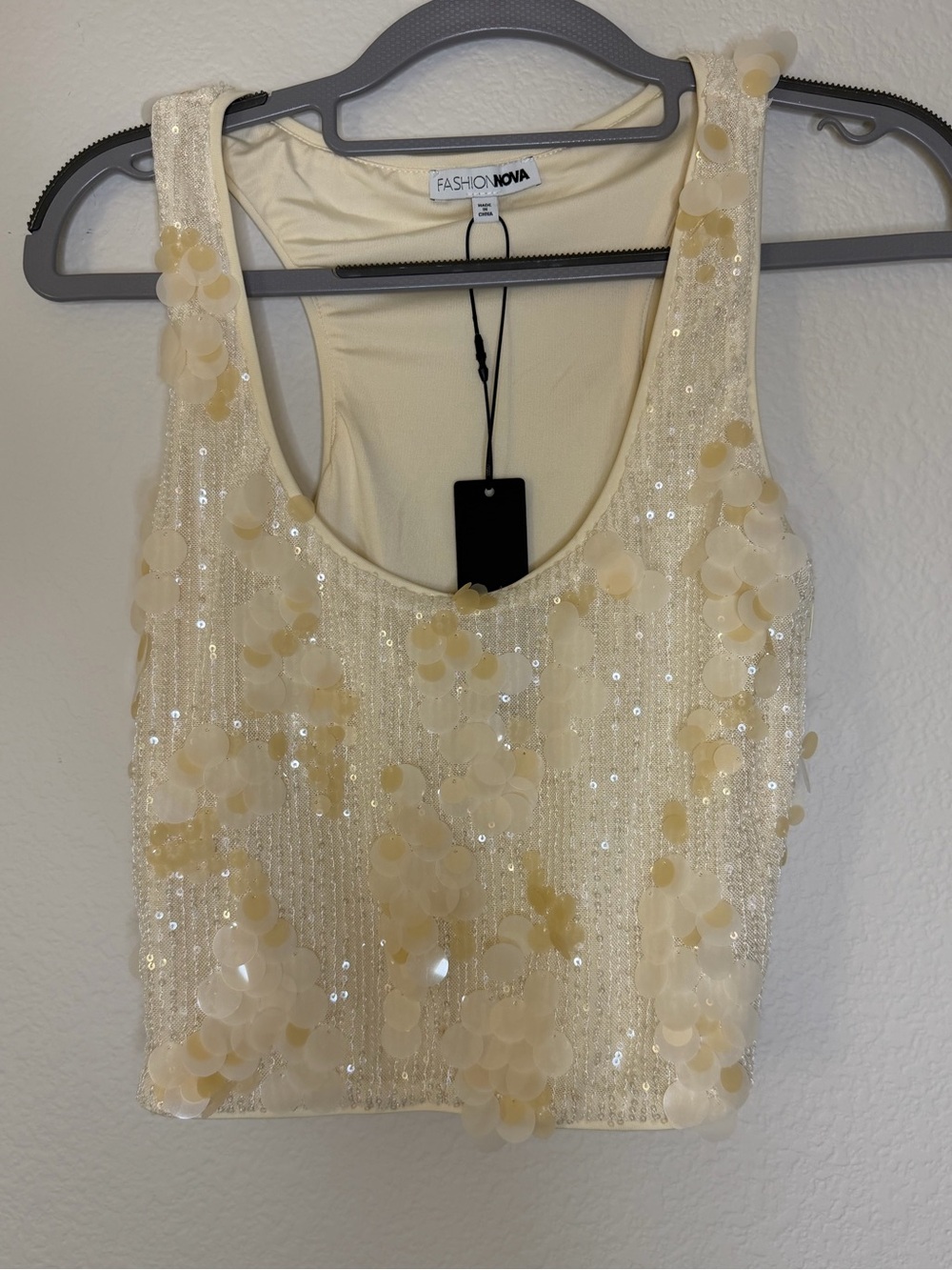Fashion Nova Beach Getaway Sequin Disc Crop Top Cream NWT S